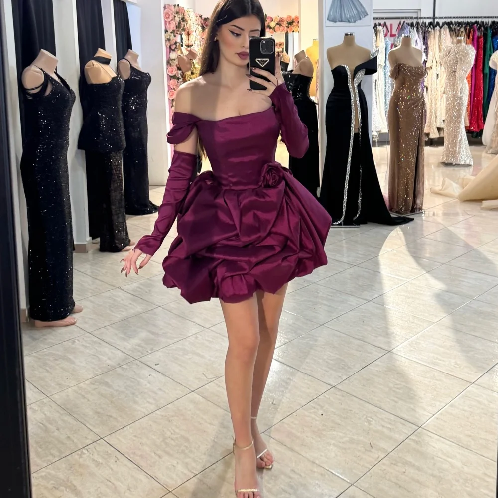 Sansa Elegant A-Line Floral Satin Prom Dress Customized Off Shoulder Draped After Party Dresses Sleeve Cover Vestidos De Fiesta