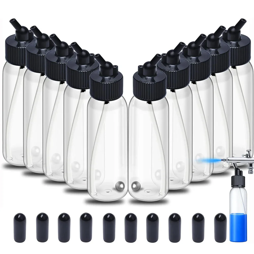 10 Pack 30ML Airbrush Plastic Bottles Jars with caps for Dual-Action Siphon Suction Feed Airbrush