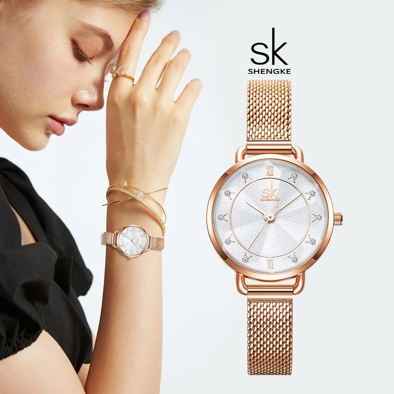 Shengke Fashion Women\'s Watches Top Luxury Design Woman Quartz Wristwatches Brand Elegant Gifts Clock for Female Rose gold Color