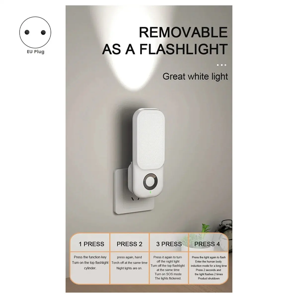 LED Induction Night Light Intelligent Wireless Plug-in Aisle Corridor Night Bedroom Night Light with Flashlight EU-PLUG