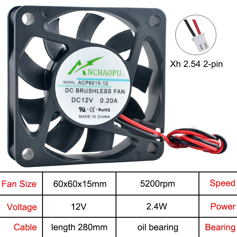 ACP6015 6 cm 60 mm Lüfter 60 x 60 x 15 mm DC5 V 12 V 24 V 2-poliger Axialventilator-Lüfter für Ladegerät-Stromversorgung