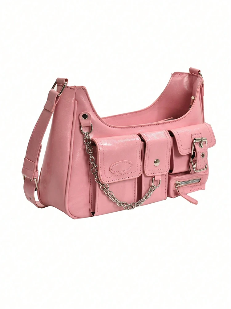 Solid color multi-pocket Grunge Y2K under the arm baguette, hippie fashion shoulder bag, single shoulder, slant shoulder