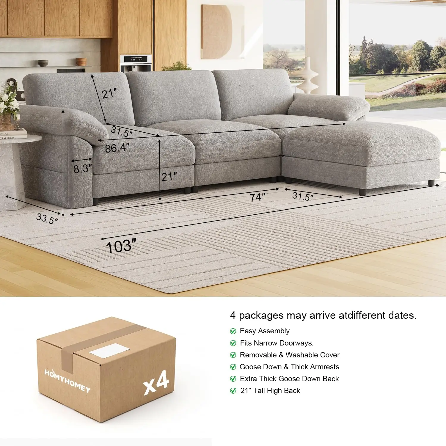 Oversized Sectional Couches for Living Room, Modular 3 Seater Cloud Sofa, Customized