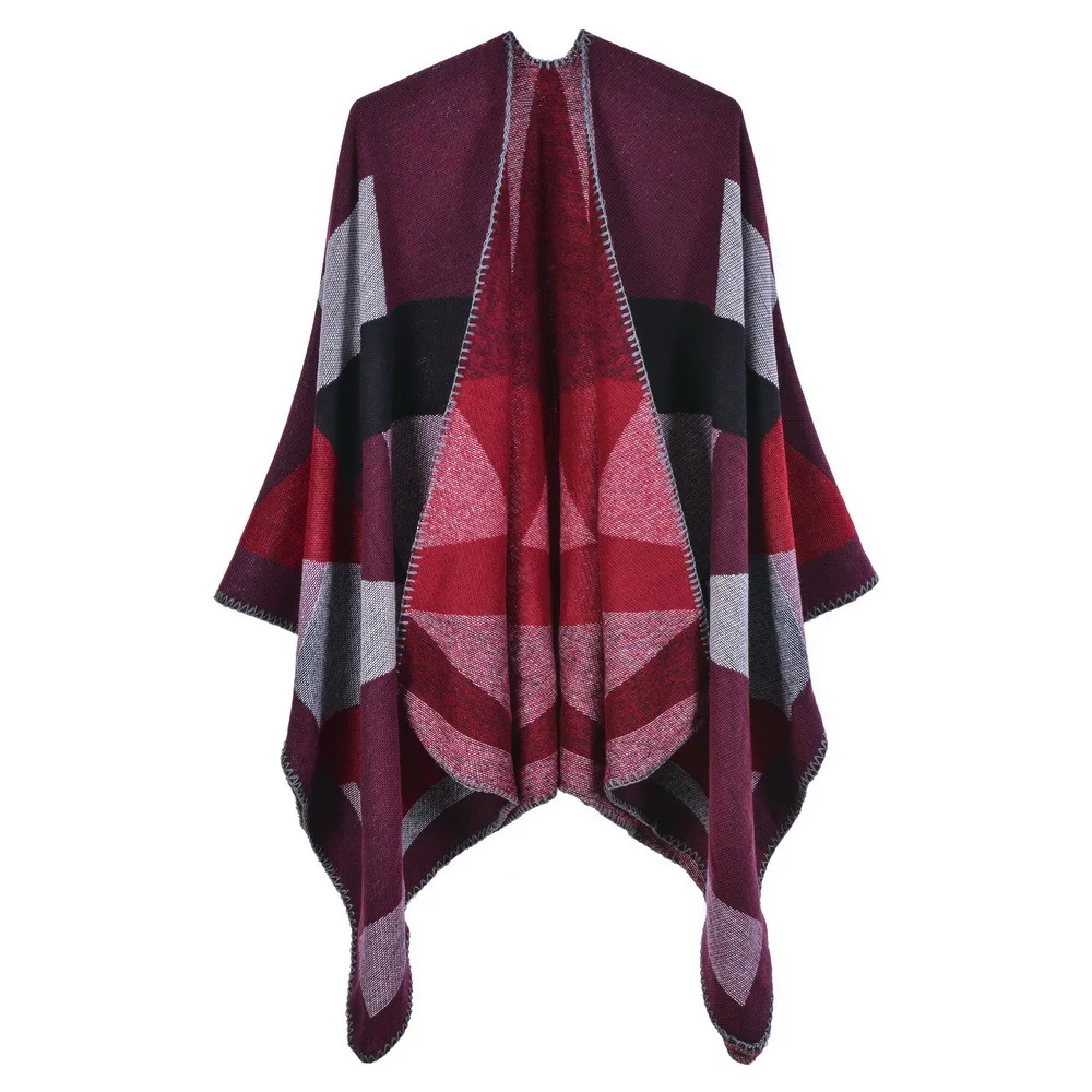 

Checker Knitted Shawl Women Warm Autumn Winter Reversible Cloak Geometric Pattern Poncho Lady Capes Cloaks