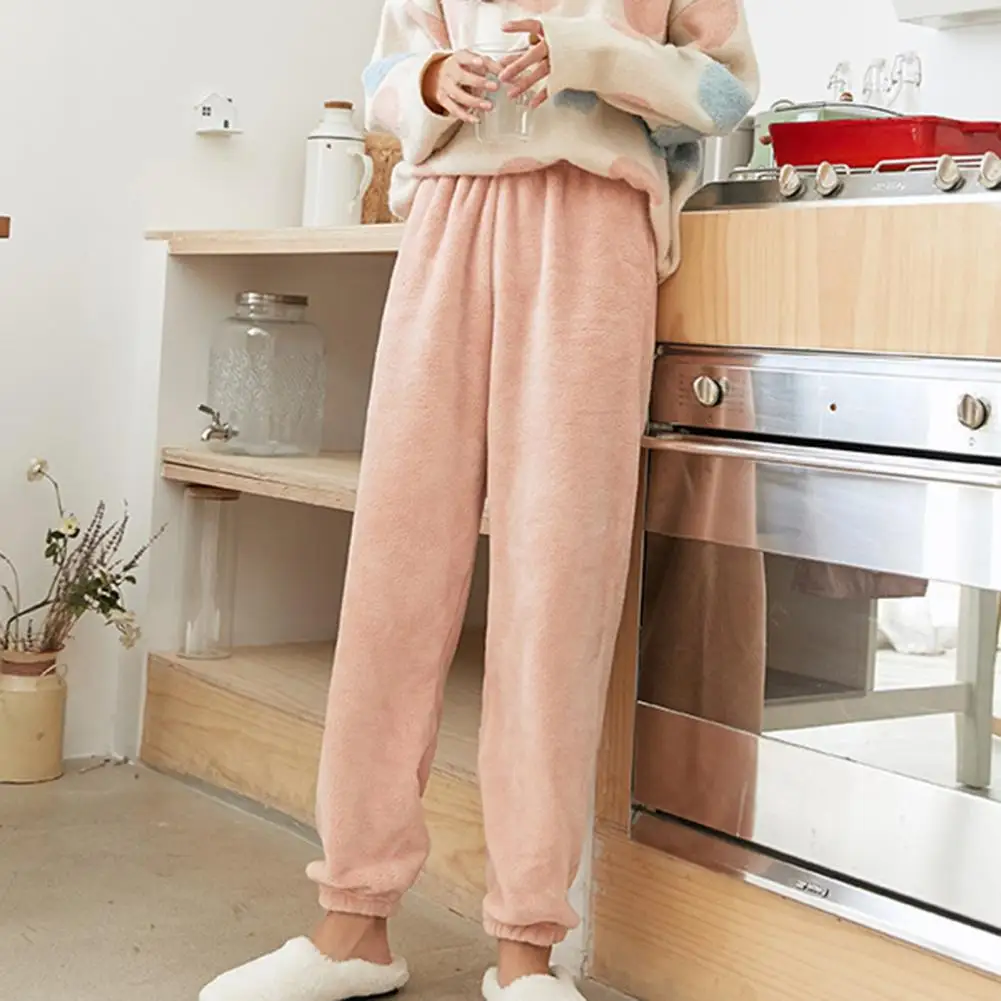 Plush Women Pants Cozy Women\'s Winter Pants Soft Plush Coral Fleece Homewear with Elastic Waist Loose Ankle-banded Pants