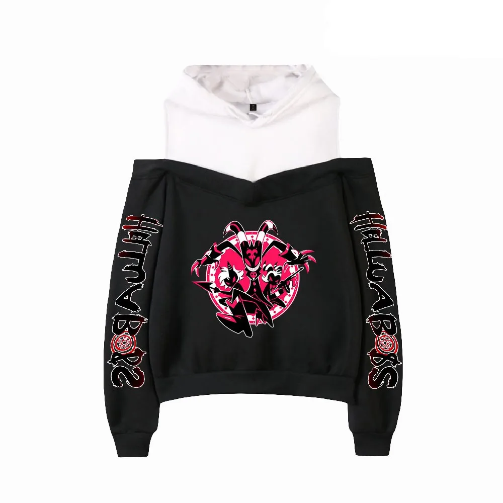 Sudadera con capucha de Helluva Boss para mujer, suéter con hombros descubiertos, sudadera Harajuku con estampado divertido de dibujos animados, jerséis femeninos sexys con hombros descubiertos