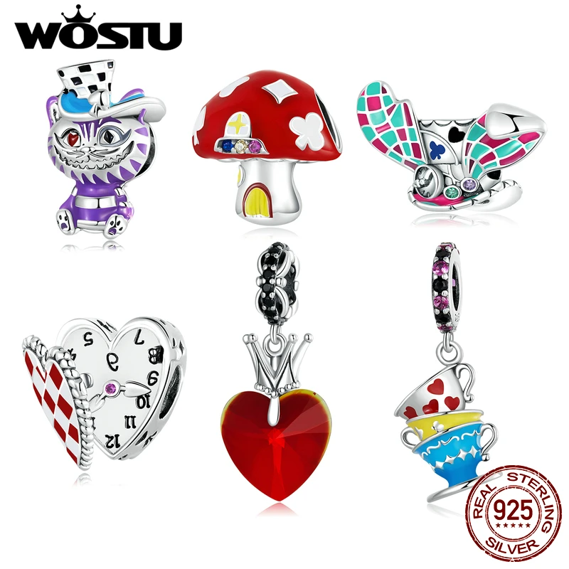 WOSTU 925 Sterling Silver Magic World Red Heart Charms Colorful Rabbit Teacup Clock Beads Fit Original Bracelet Necklace Jewelry