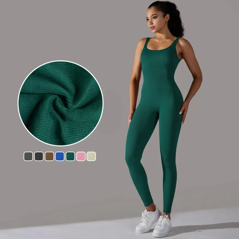 Women's Sports Overalls Ribbed Yoga Suit One Pieces Fitness Rompers Bodysuit Skinny Gym Jumpsuit Workout Clothes Sportswear Set