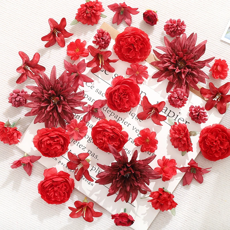 20 Stücke Rote Künstliche Blumen Kopf für Home Room Decor Handwerk Kranz Braut Hochzeit Weihnachtsdekoration Navidad Neujahr 2025 Geschenk – Detail 5