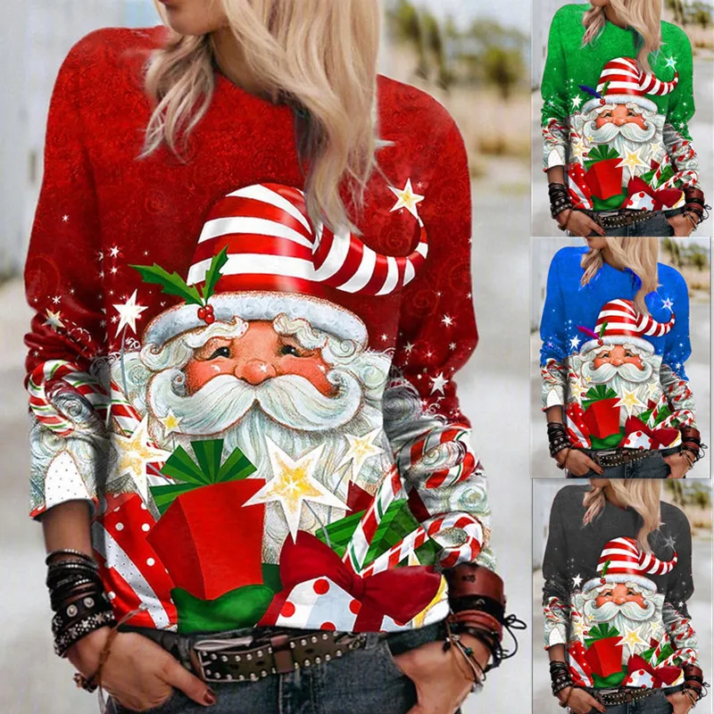 Street Women Cartoon Christmas Style T-Shirts Long Sleeve Autumn Winter Santa Claus 3D Printing Festival Ladies Cotton Tops Tees
