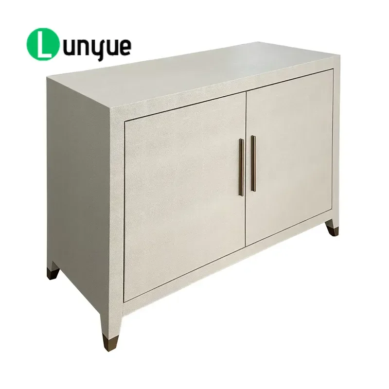 Modern Luxury Shagrin Leather Double Door Cabinet Matte White Sideboard Buffet for Living Room Kitchen Furniture Storage