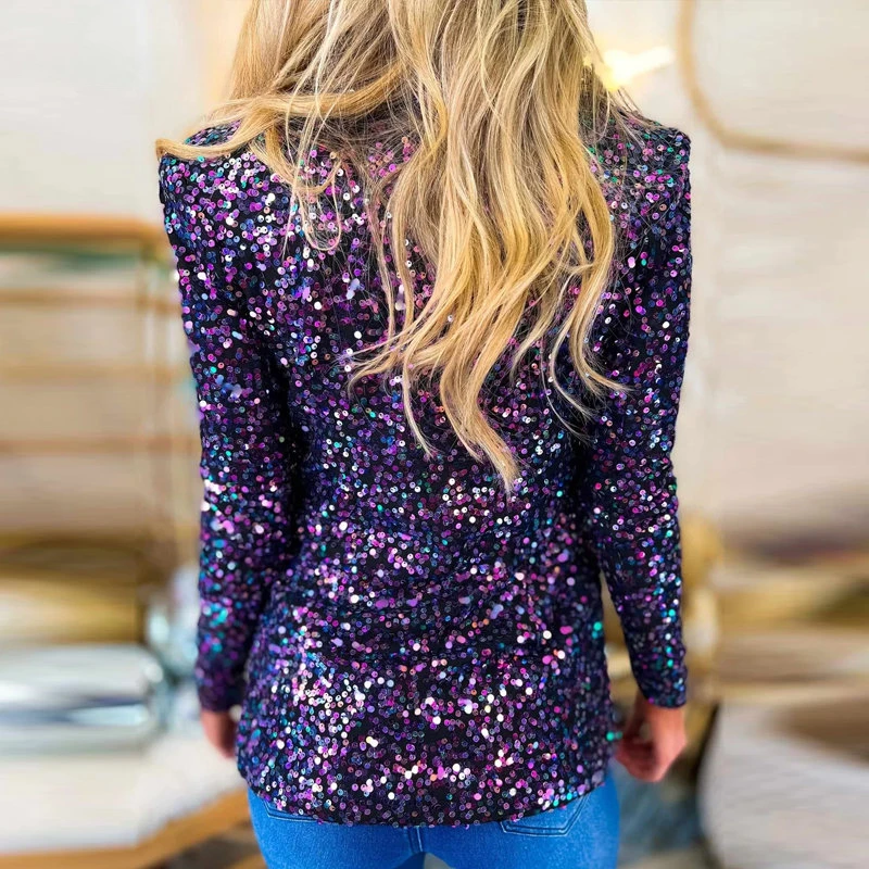 Women Elegant Notched Collar Open Stitch Sequins Long Sleeves Sexy Club Blazer Jackets