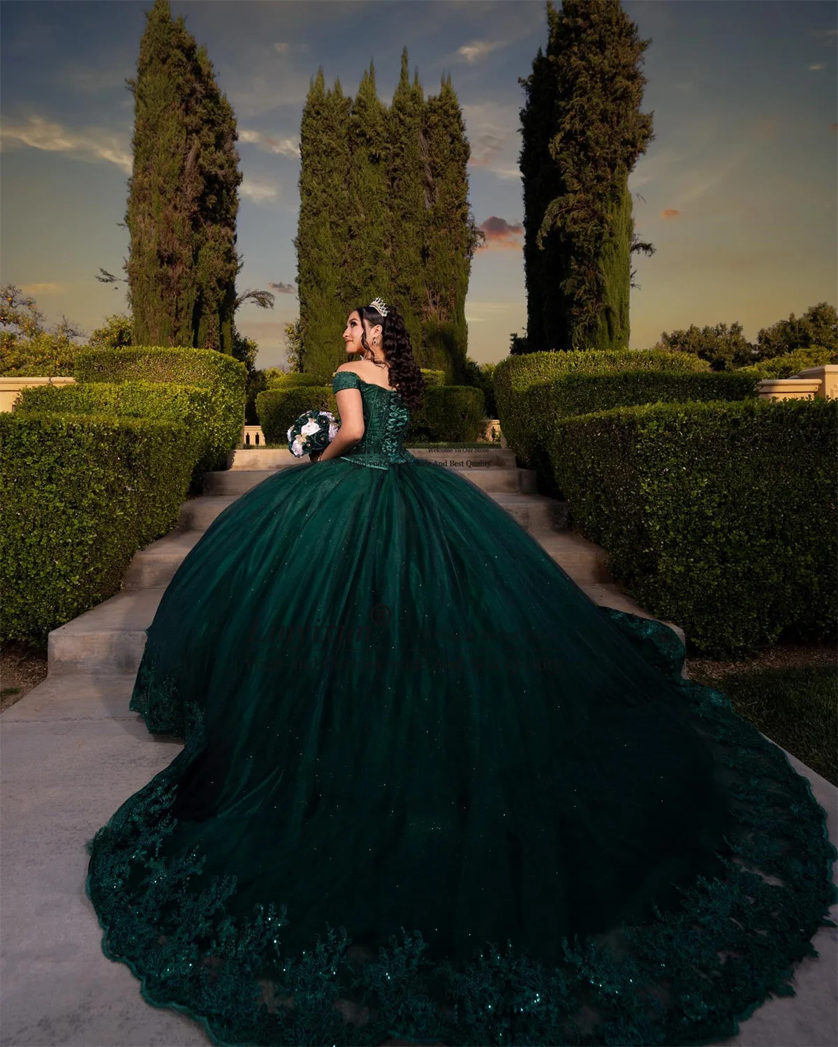 Vestido De quinceañera verde con Apliques De encaje y lentejuelas, vestido De fiesta con hombros descubiertos, 15 y 16 años