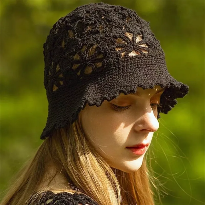 Summer Hat for Women Vintage Hollowed Lace thread Handmade Crochet Bucket Hat panama caps Female Fisherman Hat Fashion basin Hat