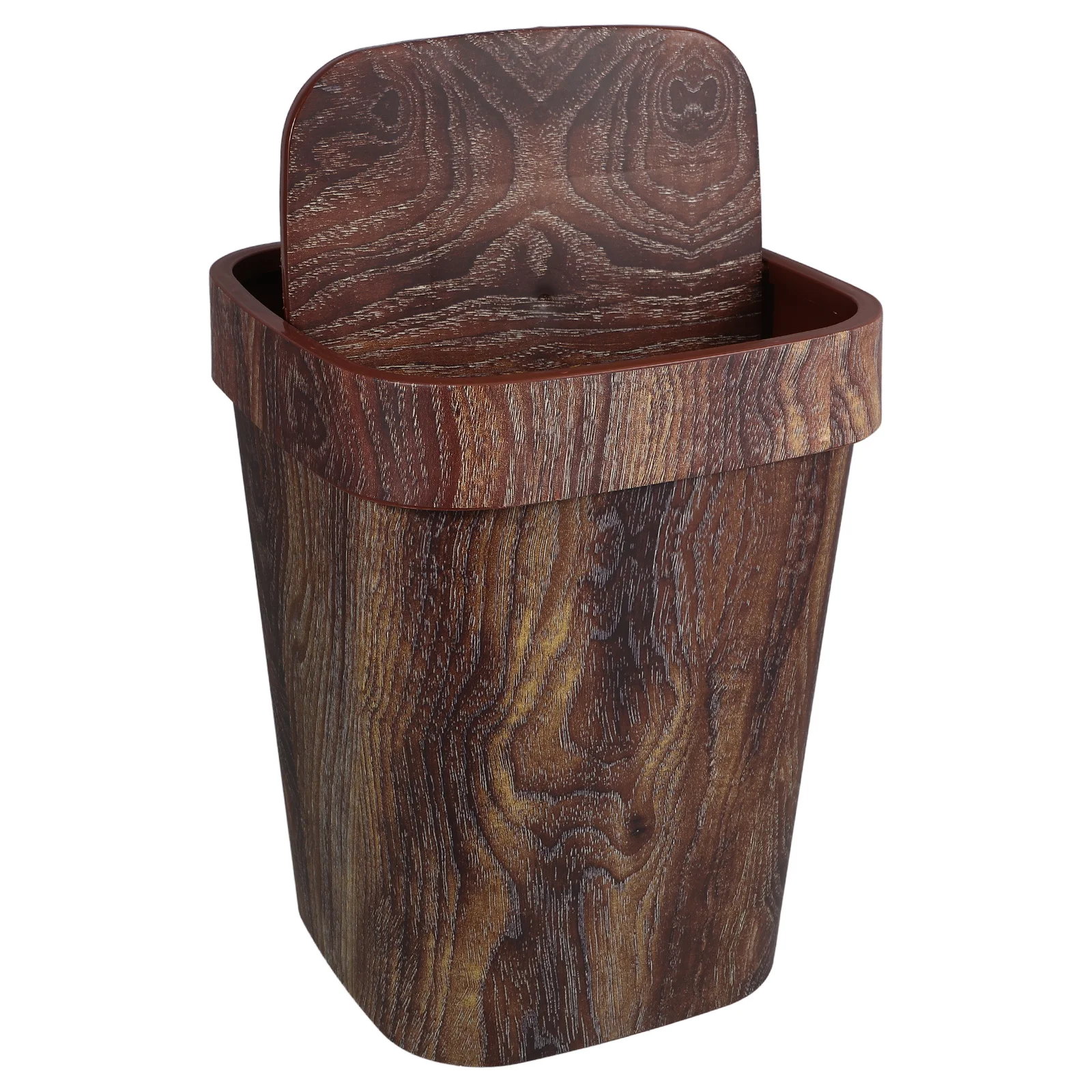 

Vintage Imitated Wood Trash Pail Square Swing Lid Plastic Garbage Can Brown Waste Bin for Kitchen Bathroom Office Decor