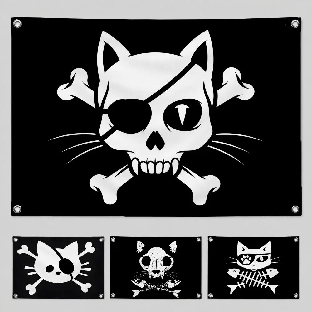 Graphic Pirate Cat Skull Flags Home Yard & Garden Decor Banner - Indoor Outdoor Wall Hanging Flag