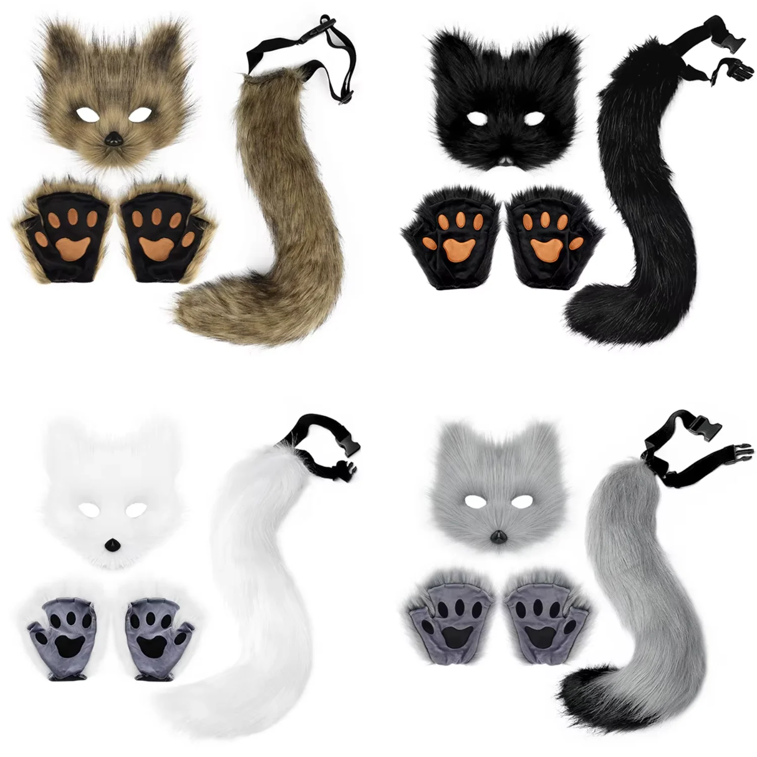 

Luxury Faux Fur Cat Mask Tail Gloves Costume Women Girls Halloween Wolf Cosplay