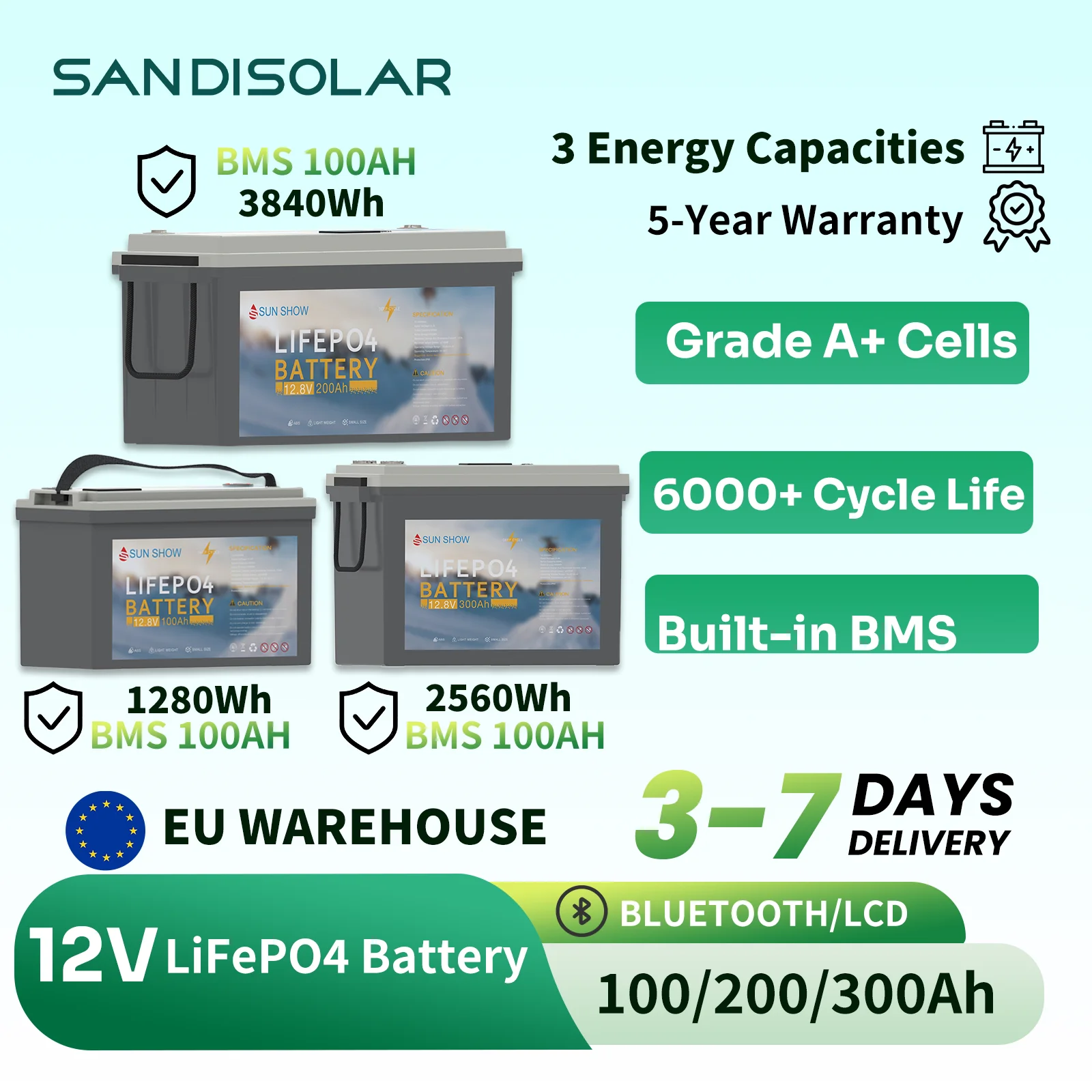 Batterie LiFePO4 SANDISOLAR 12.8V 100Ah, entrepôt UE, BMS intelligent, 100Ah 1kWh, batterie LiFePO4 pour systèmes solaires et camping-cars, sans taxes, avec TVA