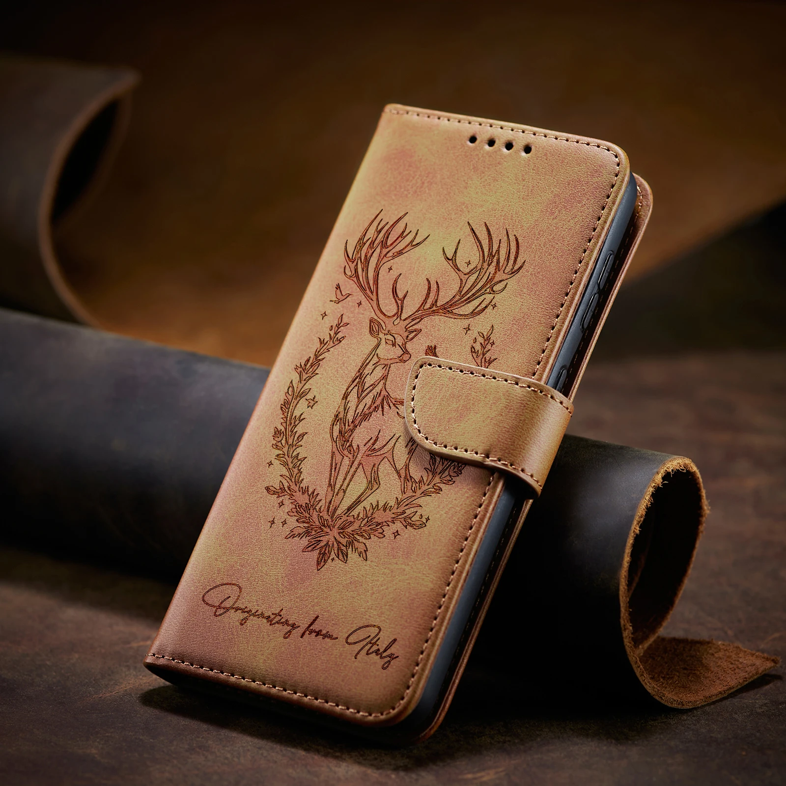 Skórzane etui z klapką na telefon Note 15, futerał na Xiaomi Redmi Note 15 14 13 12 11 Pro Plus 5G 10 9 8, obudowa z 3D kwiatami i jeleniem — zdjęcie produktu 2