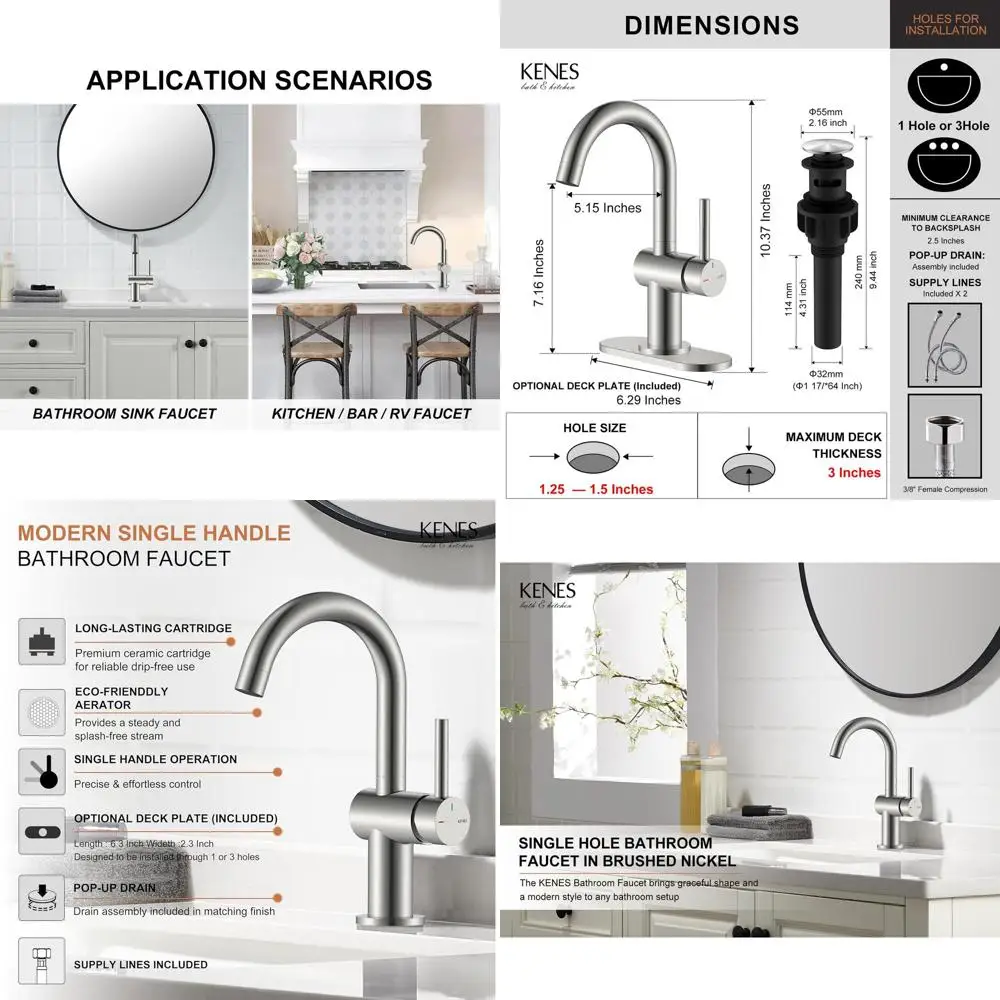 

Single Handle Brushed Nickel Bathroom Faucet with Drain Assembly and Deck Plate for RV, Camper, and Outdoor Utility Sinks
