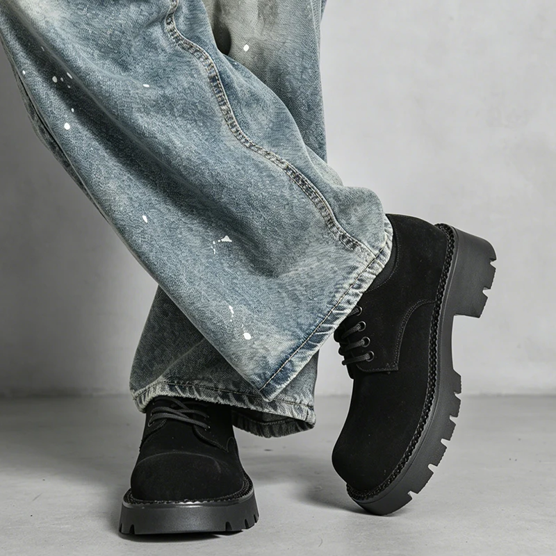 2026 New Autumn Thick Sole Height Increasing Suede Wide Toe Leather Shoes, Retro Workwear British Style Derby Footwear for Men
