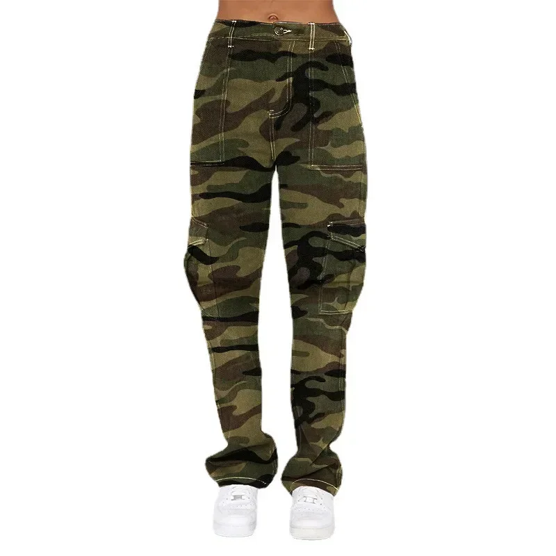 Jeans Denim donna pantaloni dritti Camouflage lavaggio vestibilità ampia tasche a vita alta Streetwear leggero Strech Cargo primavera 2024