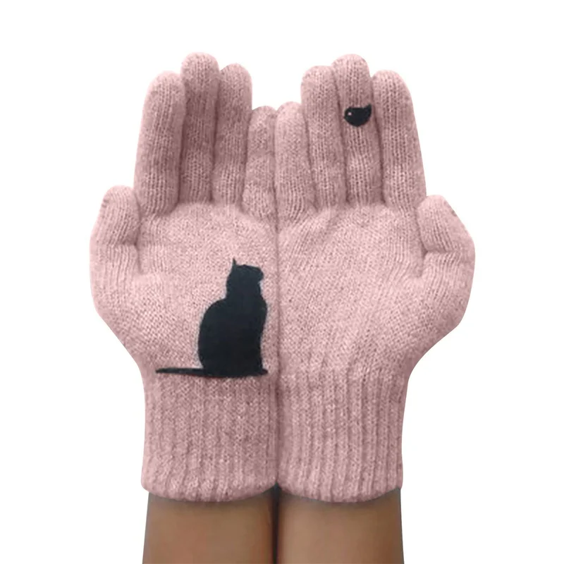 Women Faux Wool Gloves Cartoon Cat Bird Autumn Winter Thicken Knit Warm Gloves Cashmere Cute Fashion Outdoor Cycling Gloves