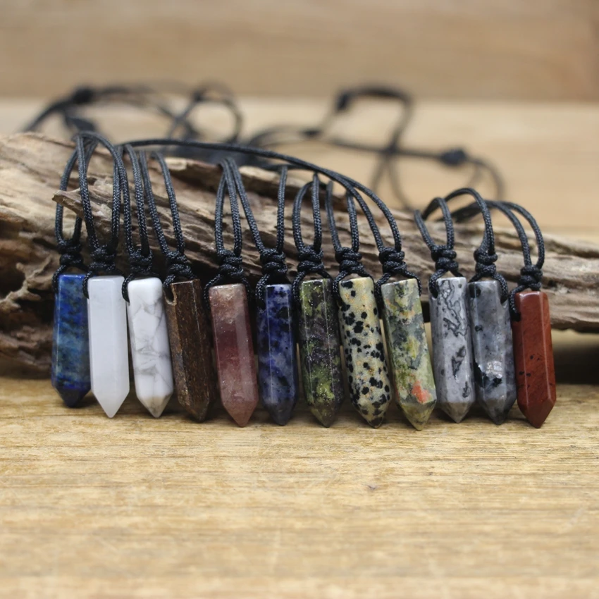 Healing Crystal Quartz Hexagonal Point Pendant Necklace Gems Stone Stick Bullet Knot Jewelry For Men Adjustable Size QC3336