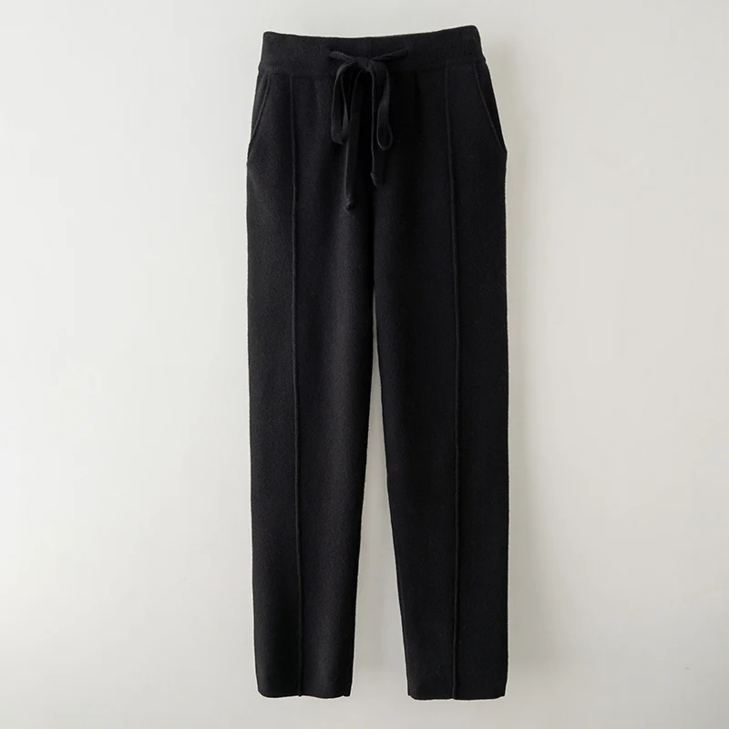 Women's 100% pure cashmere pants with hidden side pockets, loose and casual knit wool pants for autumn and winter.