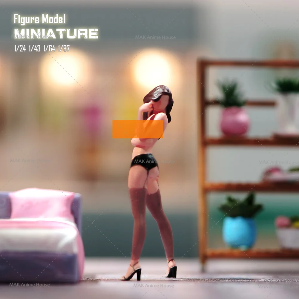 

Miniatures 1/64 1/43 1/87 1/24 Sexy Semi Nude Seducing Black Silk Beautiful Women Doll Unpainted Model Home Scene Car Toys