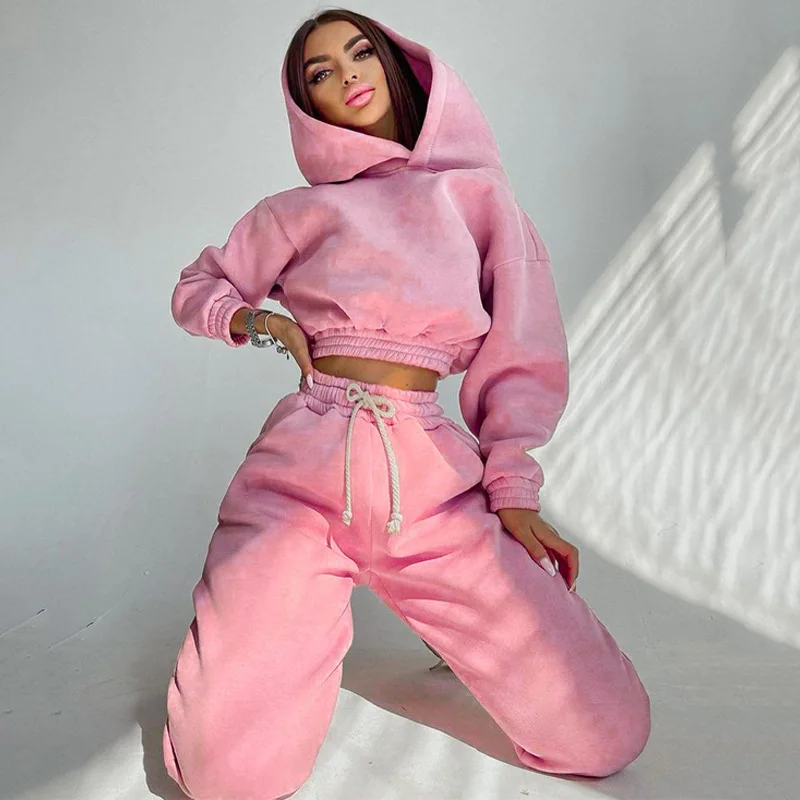 Two Pieces Set Women Hooded Tracksuit Sports Sweatshirts Streetwear Drawstring Pencil Pants Suit Trousers 2023 Autumn Outfits