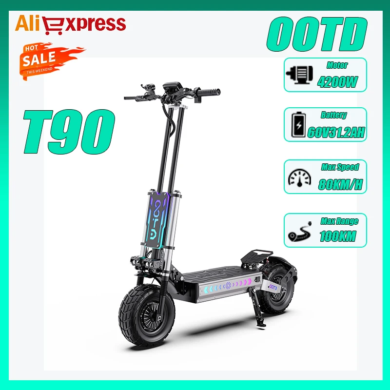OOTD T90 EScooter 4200W Doppio Motore 60V31.2AH Batteria Frenata Idraulica Scooter Elettrico 13 Pollici Pneumatico Sospensione Completa E-Scooter