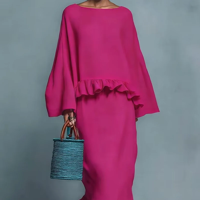 

Летний модный комплект: элегантный драпированный однотонный костюм с пуловером с круглым вырезом и длинной юбкой, повседневный женский комплект из двух предметов с длинными рукавами свободного кроя