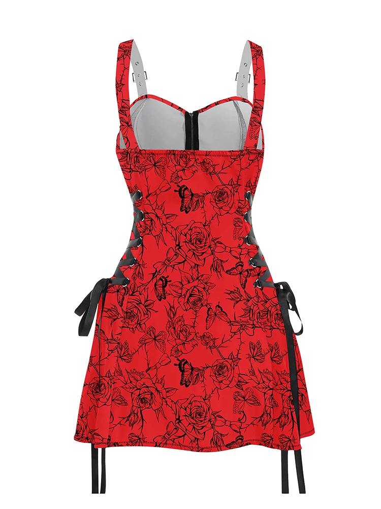 Women Summer Dresses Lace Up Half Zipper Mini Dress Rose Butterfly Print Buckle Strap Dress Sleeveless Red Dresses