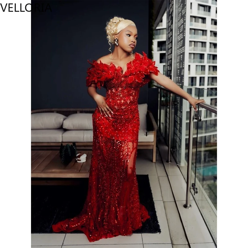 

Red Sparkling Mermaid Ball Dress Elegant Black Girl Evening Dress Aso Ebi Floor Robe De Soiree Party Dress African Customized