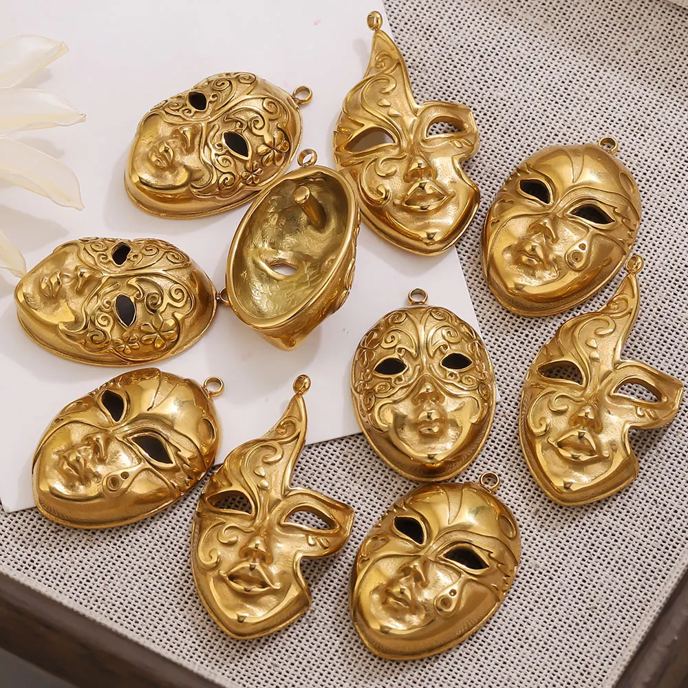 2 Stück Edelstahl-Maskenanhänger, vergoldet, Emaille, venezianische Maske, Gesichtsanhänger für DIY-Schmuckherstellung, Damen-Ohrringmaterial – Detail 5