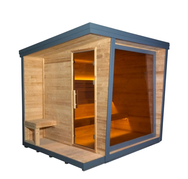 Luxury  6- Person Outdoor Black Square Sauna Room Spruce Cube Spa 6KW Heater with LED Outsider Sauna Room view 2