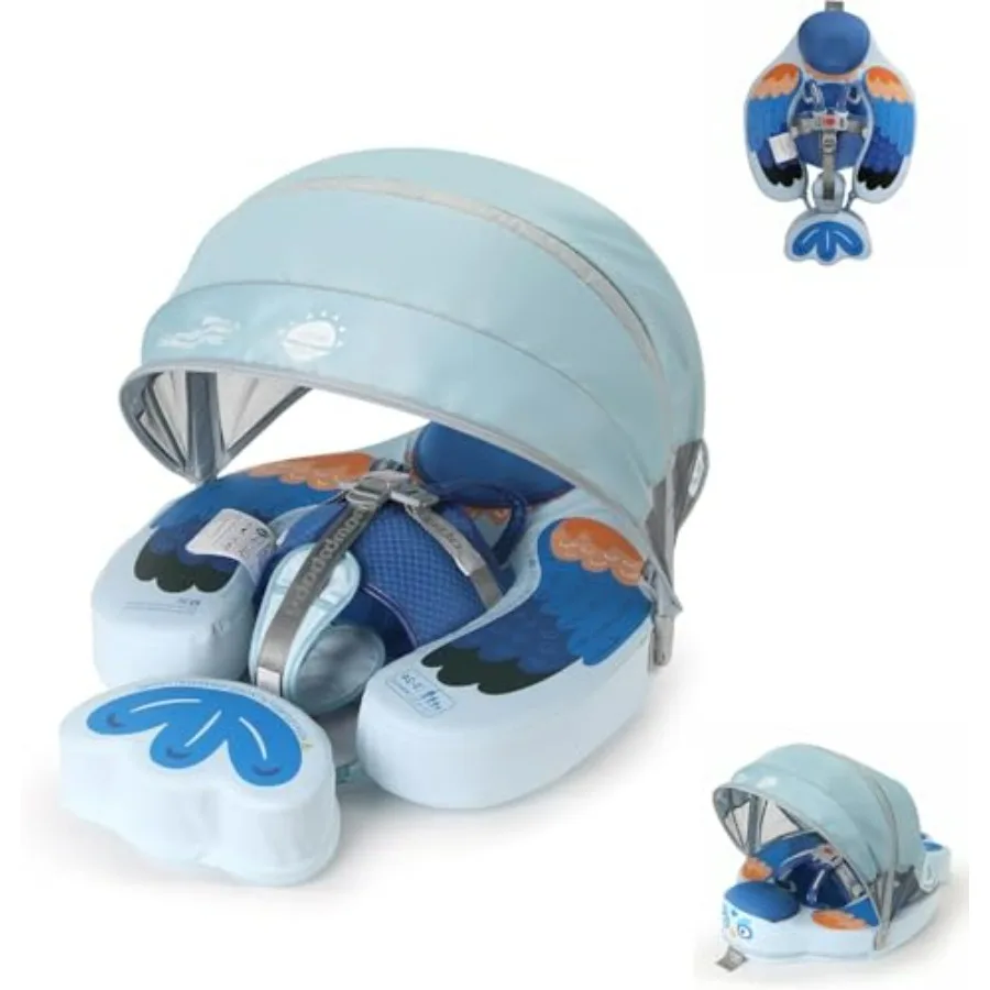 

Baby Pool Float for infants, non-inflatable narwhal design, blue with UPF50+ 3D adjustable canopy, ideal for pool use