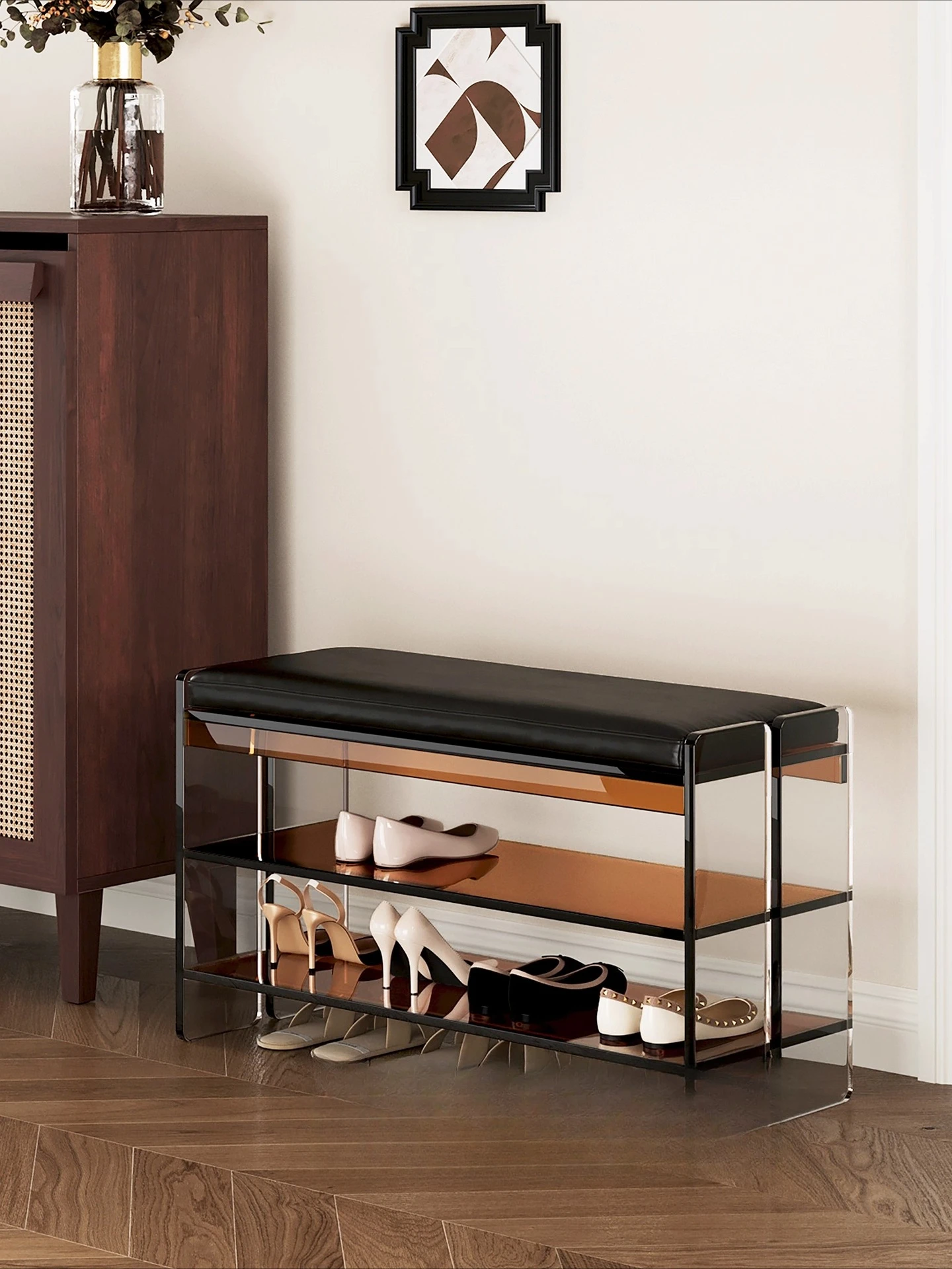 Entry door shoe change stool, light luxury high-end shoe rack, household acrylic bench at the door of the partition layer can