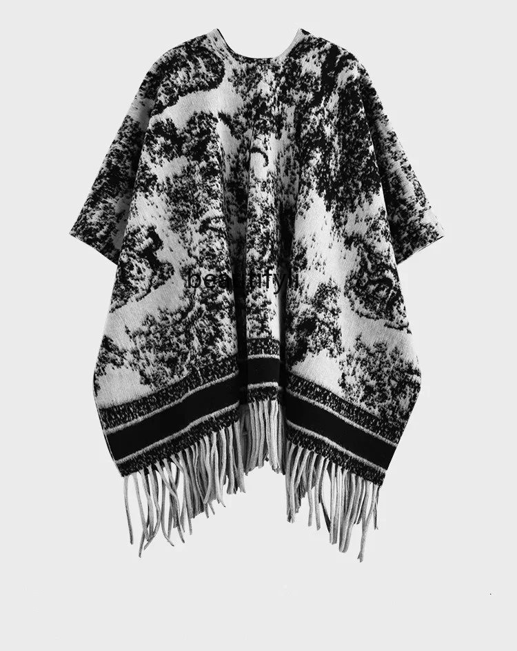 Ink painting shawl women's outer with thickened fringed cape travel warm scarf