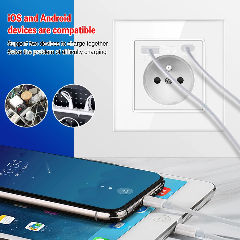 UBARO France Standard  Home Outlet With USB Type C Electrical Plug White Tempered Glass Panel Single Wall Socket 110-250V 16A