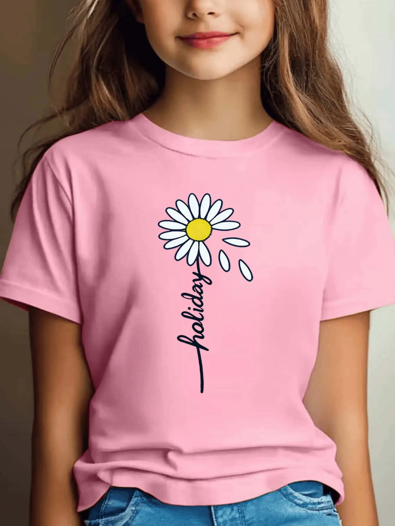 Cute Holiday Daisy Flower Letter Print Graphic Kids Tee Boys Girls Family Matching Cotton Crew Neck Short Sleeve Soft Summer Tee