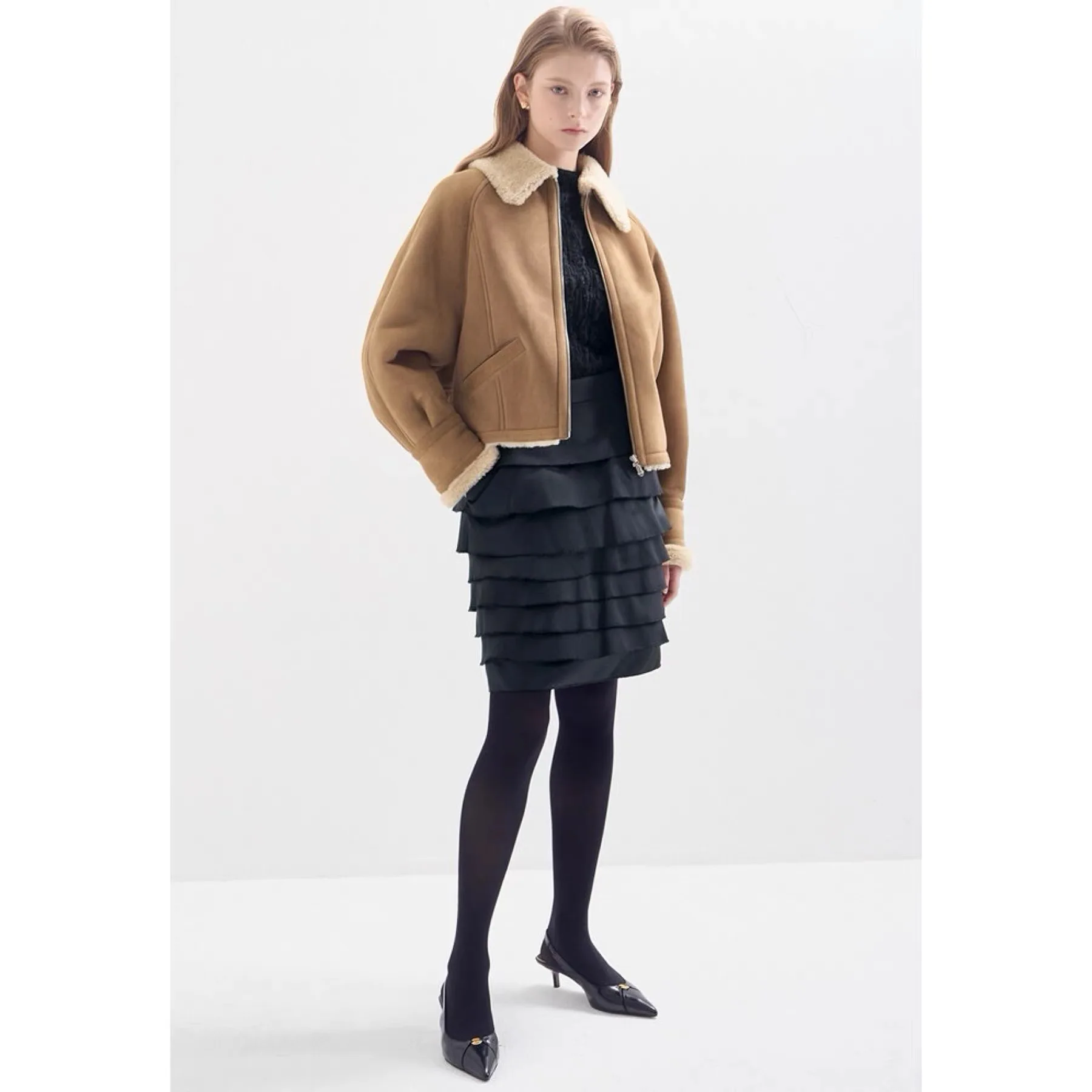 Sli ort Biker Collo in pelliccia di agnello Jaet Lemon Cheese LAN25 Cappotto invernale in pelle e pelliccia con colletto Ele Wome...