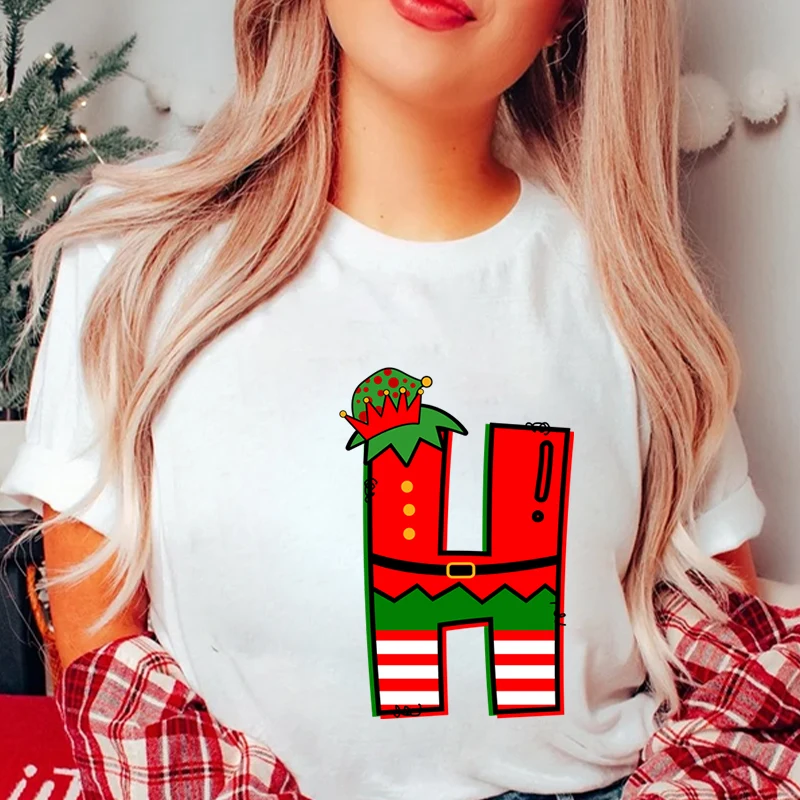Women’s Christmas Alphabet A-Z Graphic Print T-shirt, Casual Streetwear Tee, Holiday Party Santa Letter Print Female Clothing