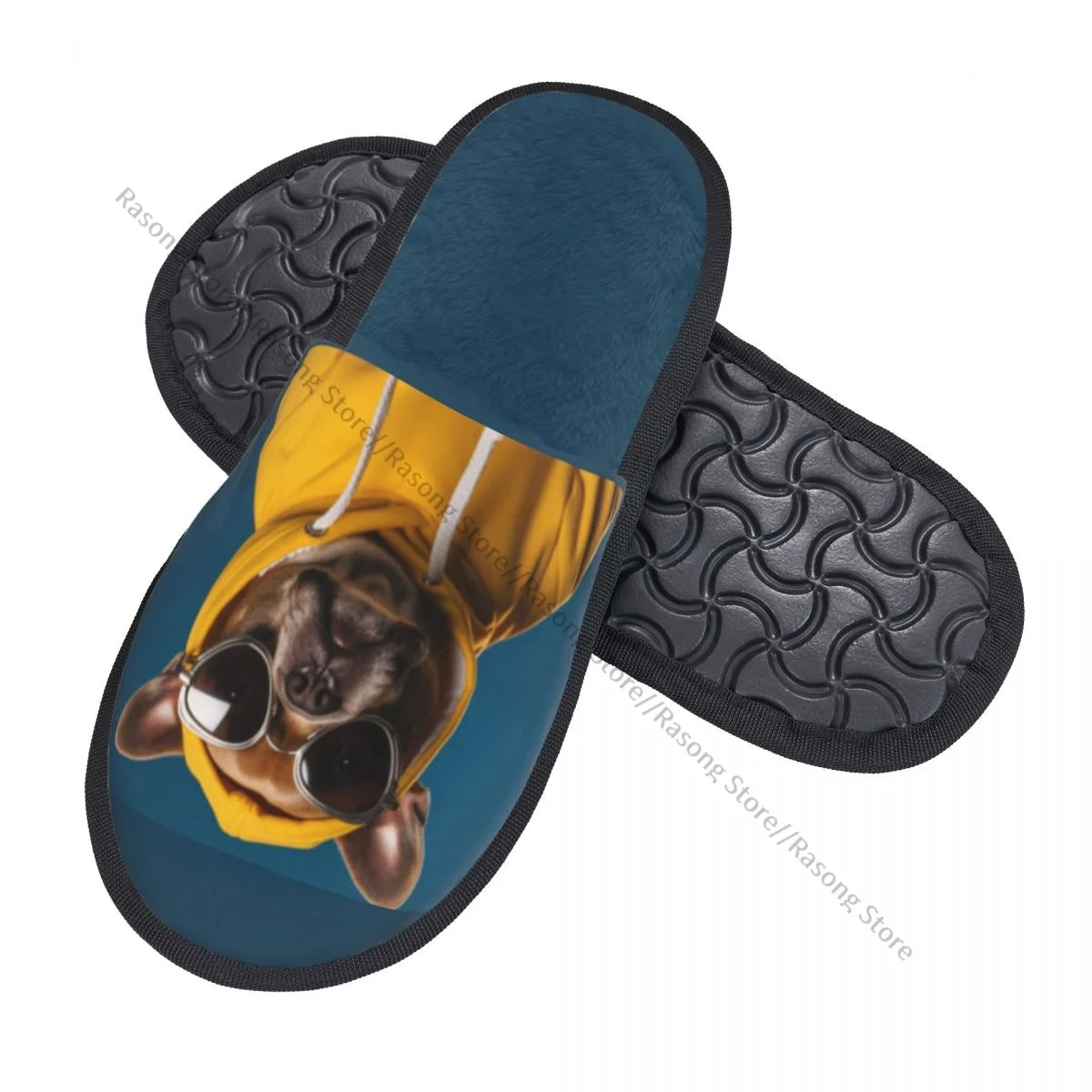 Winter Non-Slip Flat Slippers Adorable Portrait Of A Dog Wearing A Yellow Hoodie And Sunglasses Indoor Fur Soft Warm Shoes