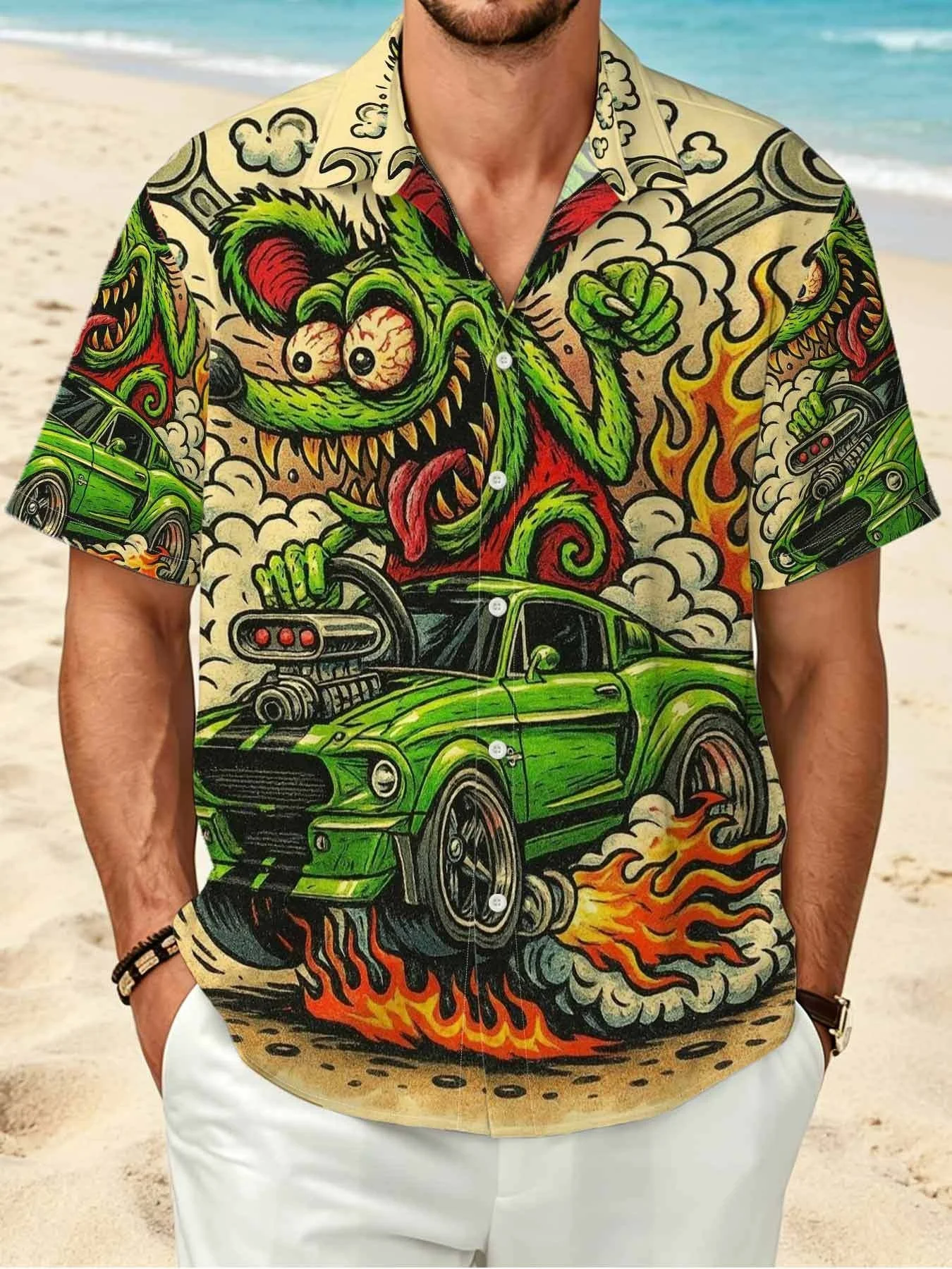 Vintage Hot Rod Automotive Comic Graphic Men Lapel Shirt Button Front Short Sleeve Beach Holiday Blouse