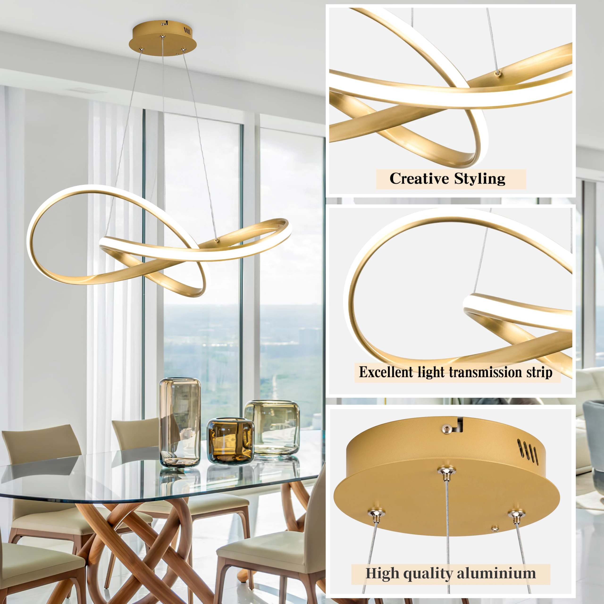 LED 23.6 inch creative gold/black pendant light, clover shaped remote control 3cct hall/corner/study 110-220v