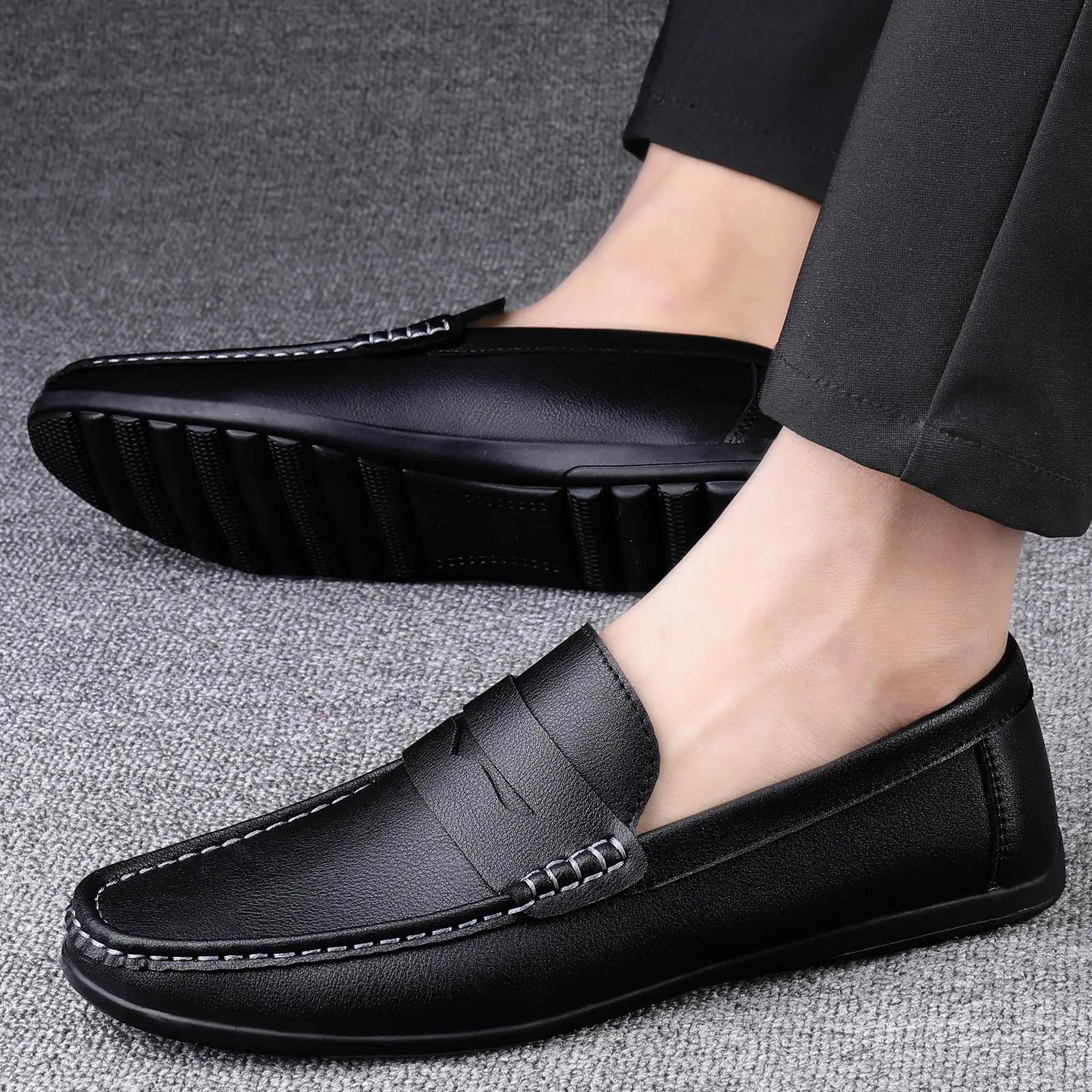 

Casual Driving Men's Bean oes Comfortable Faion Loers round Toe Ultra Synthetic Leather Upper Rubber Foam Outsole