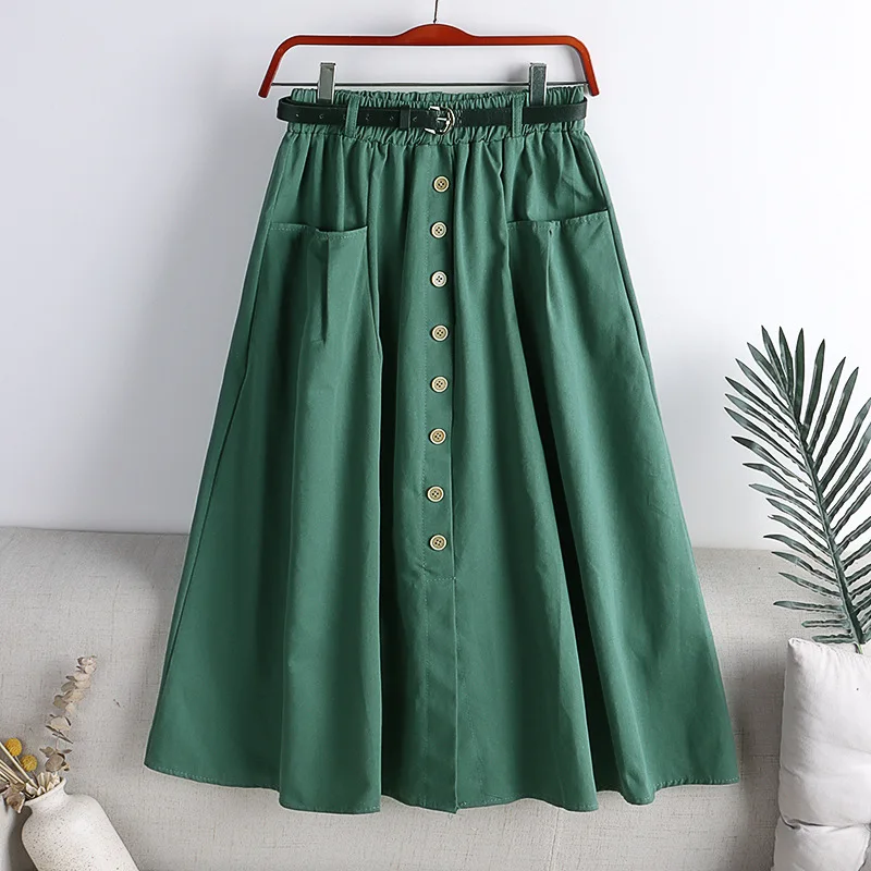 Single Breasted Skirt Women Spring 2022 Autumn Fashion High Waist Pleated Skirt Female A Line Skirt With Belt