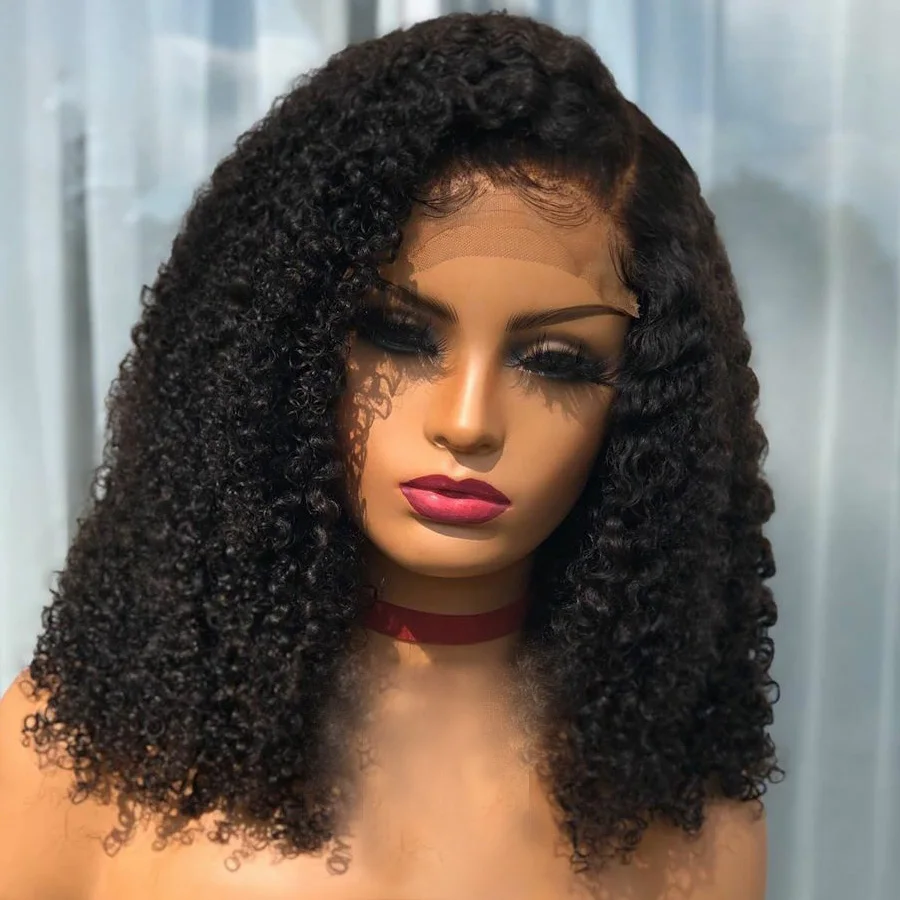 Мягкий бесклеевой натуральный черный 180 Плотность Короткий Боб Кудрявый Глубокий Парик Фронта Шнурка Для Женщин С Волосами Младенца Предварительно Собранные Ежедневно